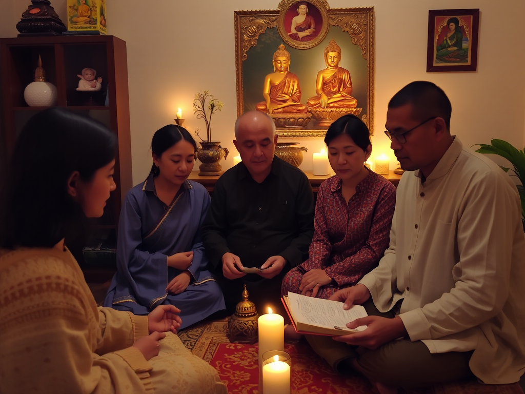 Gia đình tụng kinh Phổ Môn tại bàn thờ nhà, ánh nến lung linh, không gian thanh tịnh, trang trí truyền thống Việt Nam tạo cảm giác an lành