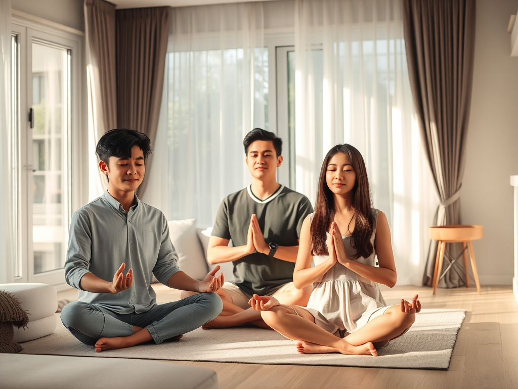 Gia đình Việt Nam hiện đại thực hành thiền định chánh niệm trong phòng khách với ánh sáng tự nhiên, minh họa cho việc áp dụng lời Phật dạy trong đời sống 2026