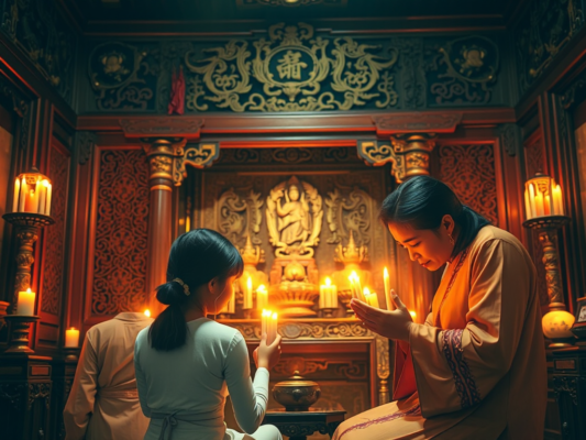 Gia đình Việt Nam truyền thống cầu nguyện trước bàn thờ tổ tiên, ánh nến ấm áp, hoa văn gỗ tinh xảo, trang trí màu đỏ vàng, không gian tâm linh thanh tịnh