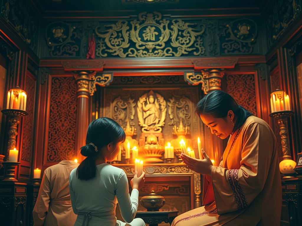 Gia đình Việt Nam truyền thống cầu nguyện trước bàn thờ tổ tiên, ánh nến ấm áp, hoa văn gỗ tinh xảo, trang trí màu đỏ vàng, không gian tâm linh thanh tịnh