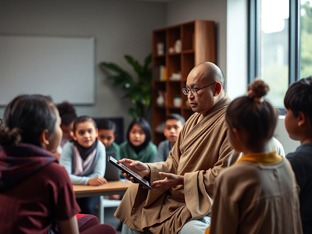 Giáo viên Phật giáo hiện đại hướng dẫn học viên nghiên cứu Kinh Bách Dụ trên máy tính bảng trong lớp học đương đại với ánh sáng tự nhiên dịu nhẹ Giáo viên Phật giáo hiện đại hướng dẫn học viên nghiên cứu Kinh Bách Dụ trên máy tính bảng trong lớp học đương đại với ánh sáng tự nhiên dịu nhẹ