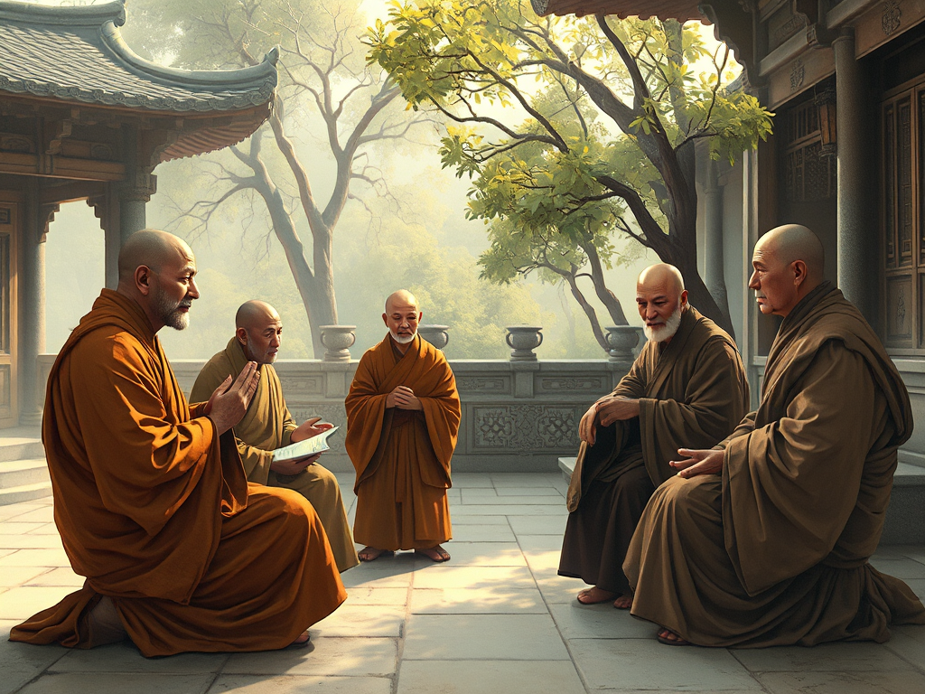 Hai vị tăng sĩ mặc áo cà sa truyền thống đang trò chuyện sâu sắc trong khuôn viên chùa thanh tịnh với ánh sáng tự nhiên nhẹ nhàng, thể hiện tinh thần Kinh Duy Ma Cật