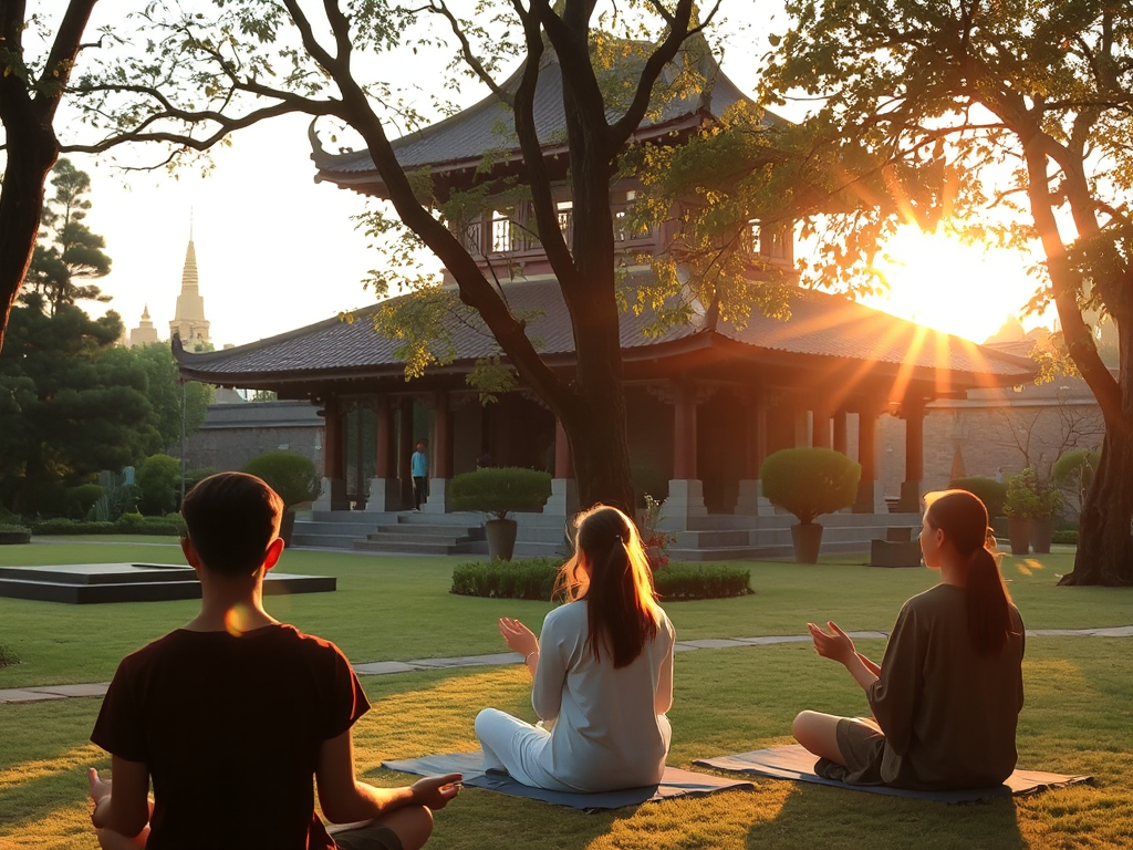 Hình ảnh các bạn trẻ ngồi thiền trong khuôn viên chùa thanh tịnh, ánh nắng vàng chiếu qua tán cây, tạo không gian yên bình cho việc học Phật pháp