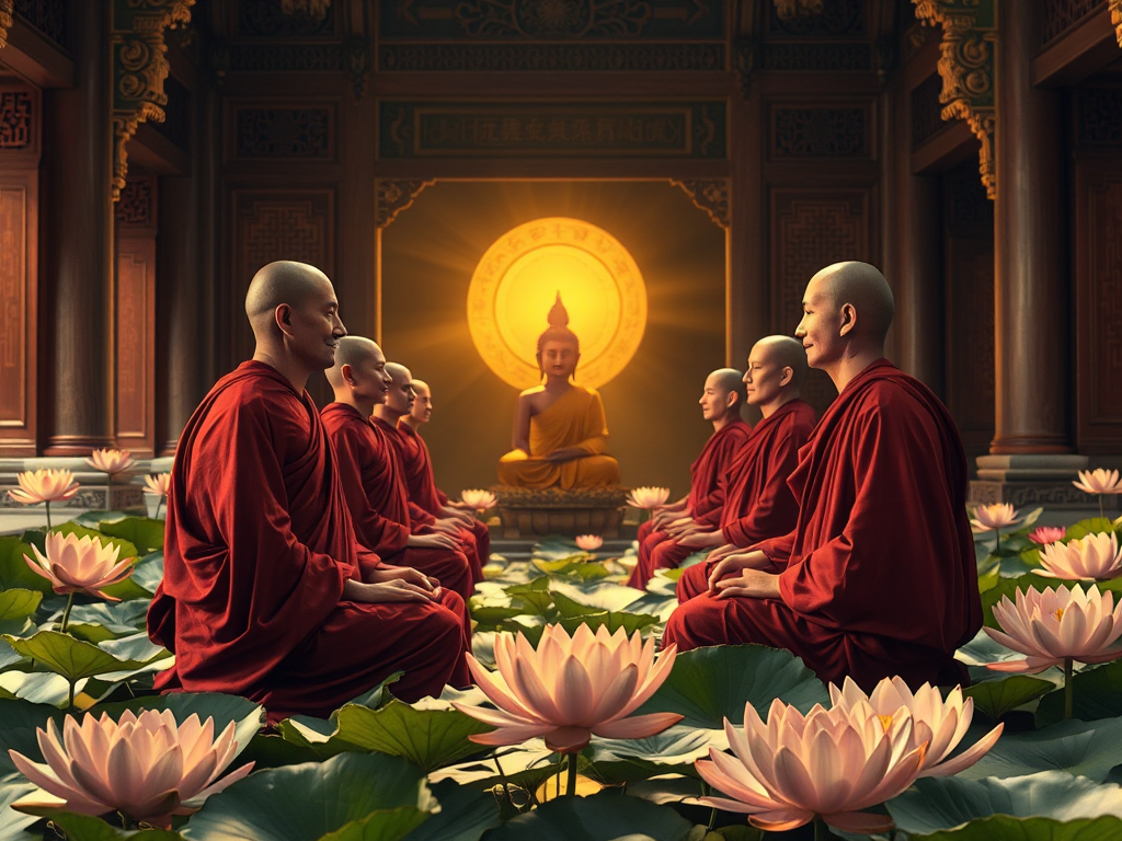 Hình ảnh các nhà sư Phật giáo ngồi thiền giữa hoa sen và ánh sáng vàng, tạo nên không gian thanh tịnh trong chùa cổ truyền thống Hình ảnh các nhà sư Phật giáo ngồi thiền giữa hoa sen và ánh sáng vàng, tạo nên không gian thanh tịnh trong chùa cổ truyền thống