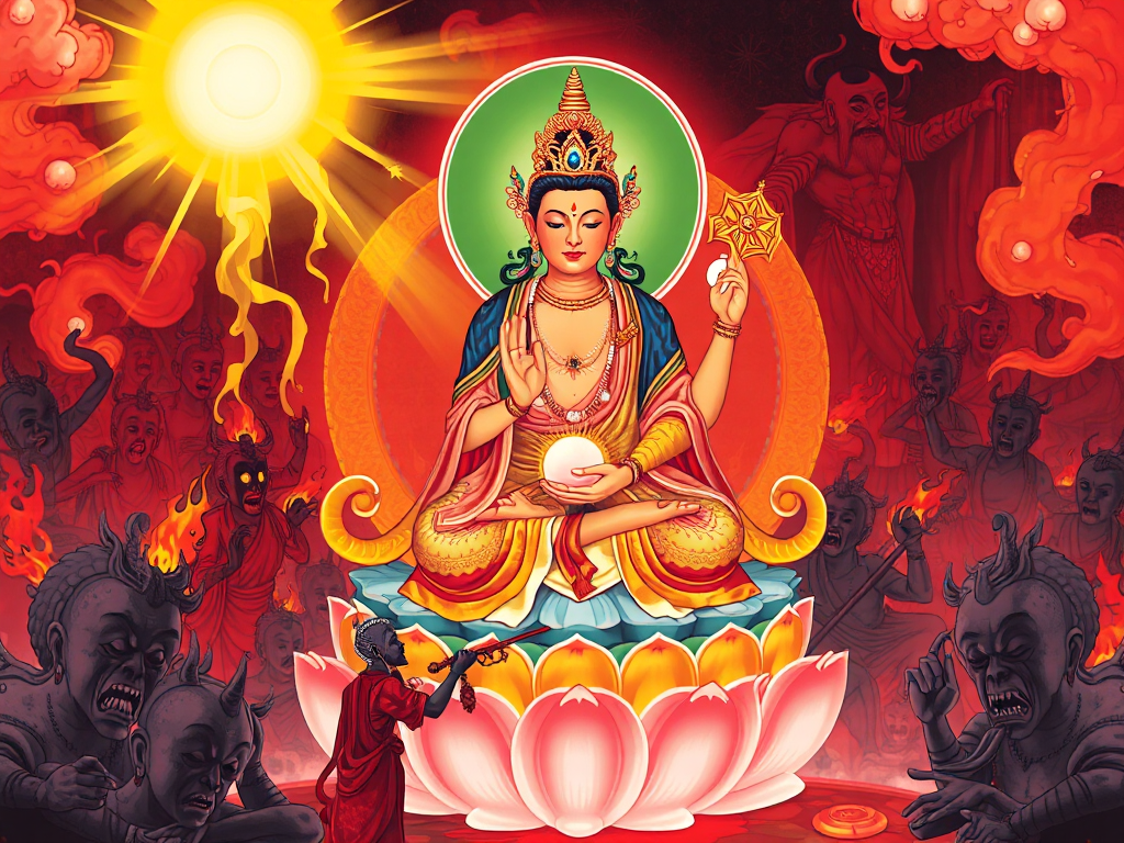 Hình ảnh Địa Tạng Bồ Tát ngồi trên tòa sen, cầm gậy và ngọc, tỏa ánh sáng vàng cứu độ chúng sinh trong địa ngục theo phong cách tranh Phật giáo truyền thống