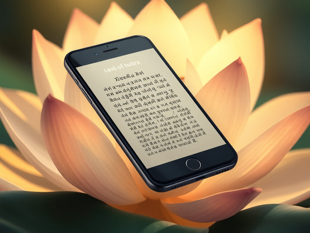 Hình ảnh điện thoại thông minh hiển thị giao diện ứng dụng đọc kinh Phật với hoa sen nền, ánh sáng vàng dịu nhẹ, minh họa kỹ thuật số hiện đại