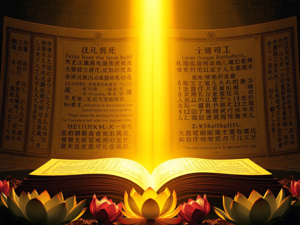 Hình ảnh kinh điển Đại thừa quan trọng được chiếu sáng bằng ánh sáng vàng, các ký tự Phạn ngữ và chữ Hán tinh xảo, tạo nên không gian thiền định thanh tịnh với hoa sen