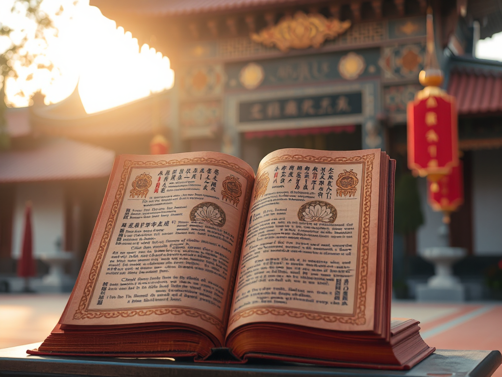 Hình ảnh kinh Phật Hoa Nghiêm được trang trí bằng hoa sen vàng trên nền kiến trúc chùa Việt Nam truyền thống, tạo cảm giác thanh tịnh và linh thiêng