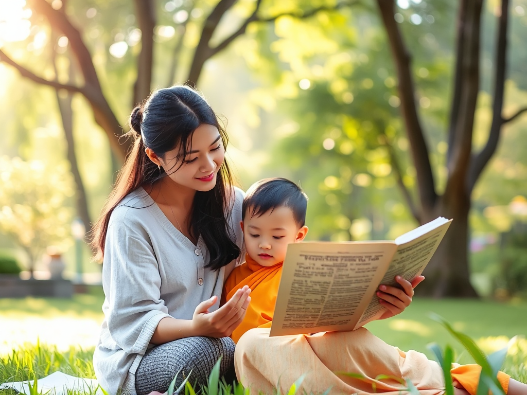 Hình ảnh mẹ và con đọc kinh Phật cùng nhau trong khu vườn yên tĩnh, ánh sáng mặt trời dịu nhẹ chiếu qua tán lá, tạo không gian thanh bình cho việc học đạo đức từ nhỏ