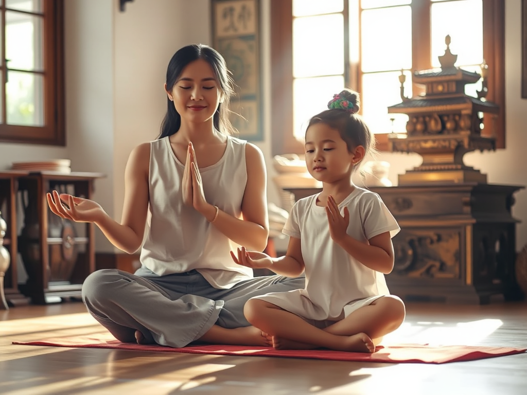 Hình ảnh mẹ và con ngồi thiền trên sàn nhà với ánh sáng buổi sáng dịu nhẹ, bàn thờ Phật truyền thống phía sau, tạo không gian thanh tịnh cho việc tụng kinh Phật cho con cái hàng ngày
