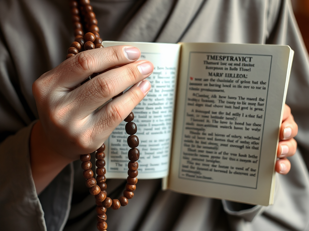 Hình ảnh minh họa người tu tập với tràng hạt và kinh sách, thể hiện sự khác biệt giữa tụng kinh và trì chú trong Phật giáo với ánh sáng thiền định nhẹ nhàng Hình ảnh minh họa người tu tập với tràng hạt và kinh sách, thể hiện sự khác biệt giữa tụng kinh và trì chú trong Phật giáo với ánh sáng thiền định nhẹ nhàng
