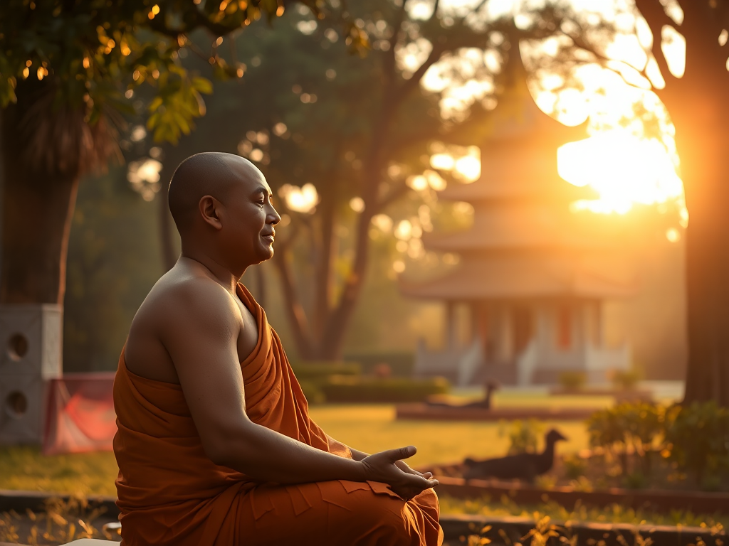 Hình ảnh một nhà sư ngồi thiền trong khu vườn chùa thanh tịnh vào lúc bình minh, ánh sáng vàng dịu nhẹ xuyên qua tán lá, tạo không gian yên bình lý tưởng cho thời gian tụng kinh tốt nhất trong ngày.