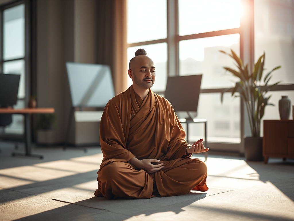 Hình ảnh một nhà sư Phật giáo ngồi thiền trong văn phòng hiện đại, ánh sáng dịu nhẹ buổi sáng tạo cảm giác thanh bình, kết hợp giữa tâm linh và môi trường làm việc chuyên nghiệp Hình ảnh một nhà sư Phật giáo ngồi thiền trong văn phòng hiện đại, ánh sáng dịu nhẹ buổi sáng tạo cảm giác thanh bình, kết hợp giữa tâm linh và môi trường làm việc chuyên nghiệp