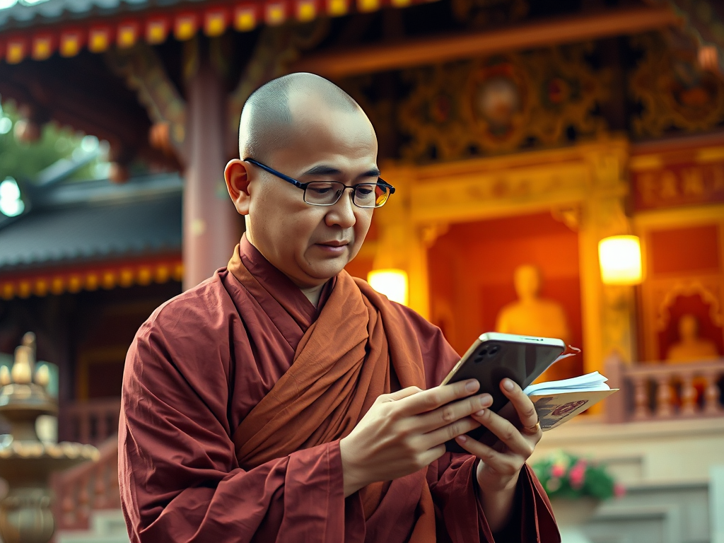 Hình ảnh một vị sư đang sử dụng điện thoại thông minh để đọc kinh Phật trong không gian chùa thanh tịnh, ánh sáng vàng ấm áp tạo nên không khí tâm linh yên bình, thể hiện sự kết hợp giữa công nghệ ...