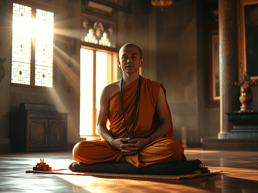 Hình ảnh một vị sư mặc áo cà sa đang ngồi thiền trên đệm, tay cầm tràng hạt, ánh sáng vàng chiếu qua cửa sổ chùa, tạo không gian thanh tịnh và trang nghiêm Hình ảnh một vị sư mặc áo cà sa đang ngồi thiền trên đệm, tay cầm tràng hạt, ánh sáng vàng chiếu qua cửa sổ chùa, tạo không gian thanh tịnh và trang nghiêm