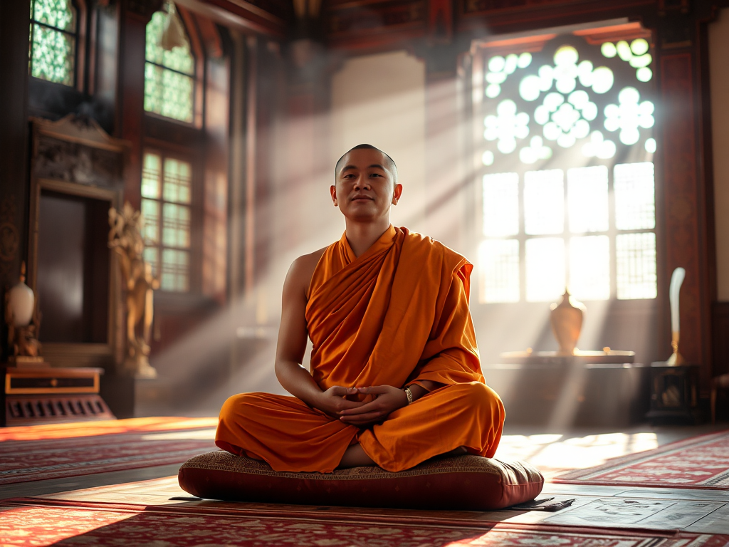 Hình ảnh một vị sư mặc áo cà sa ngồi thiền trên chiếu trong chùa, ánh sáng tự nhiên chiếu qua cửa sổ, khói hương bay nhẹ, tạo không gian thanh tịnh và an lạc