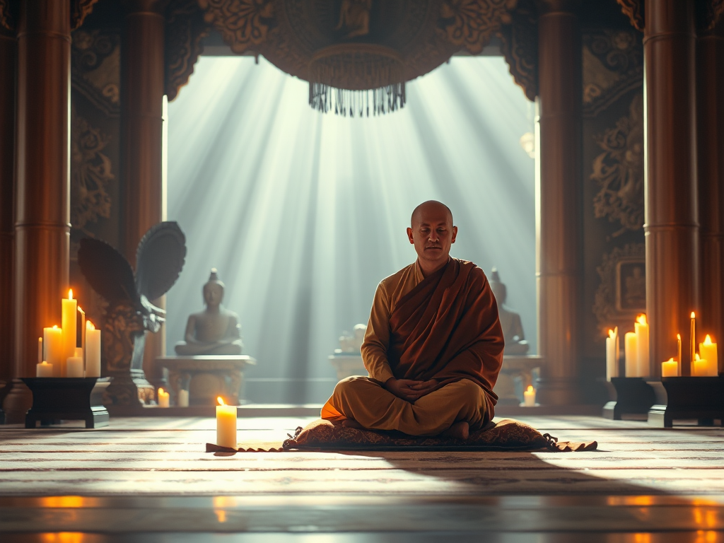 Hình ảnh một vị sư ngồi thiền trên đệm, xung quanh là nến và hương trầm, không gian thanh tịnh trong chùa, thể hiện sự bình an tâm linh khi tụng Kinh Nhật Tụng.