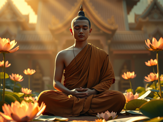 Hình ảnh một vị sư ngồi thiền trong tư thế tĩnh tại, bao quanh là hoa sen và ánh sáng vàng dịu nhẹ, tạo nên không gian thanh tịnh và trang nghiêm.