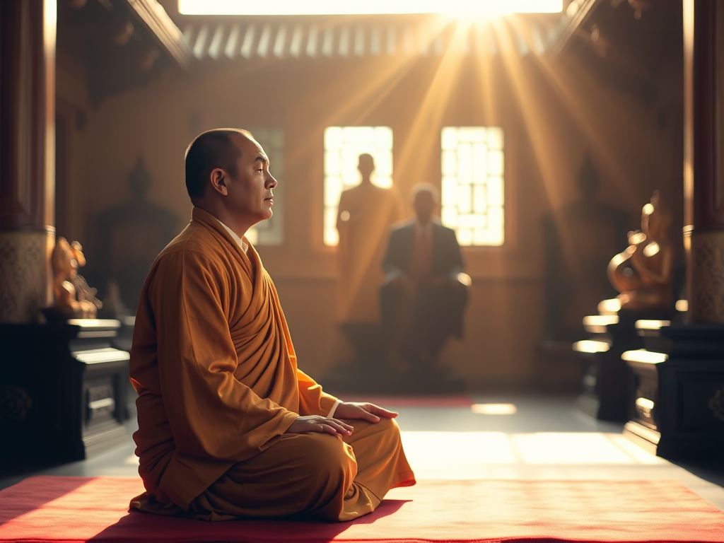 Hình ảnh một vị sư Phật giáo đang ngồi thiền trong tư thế hoa sen tại chùa, ánh sáng vàng dịu nhẹ tạo không gian thanh tịnh và trang nghiêm. Hình ảnh một vị sư Phật giáo đang ngồi thiền trong tư thế hoa sen tại chùa, ánh sáng vàng dịu nhẹ tạo không gian thanh tịnh và trang nghiêm.