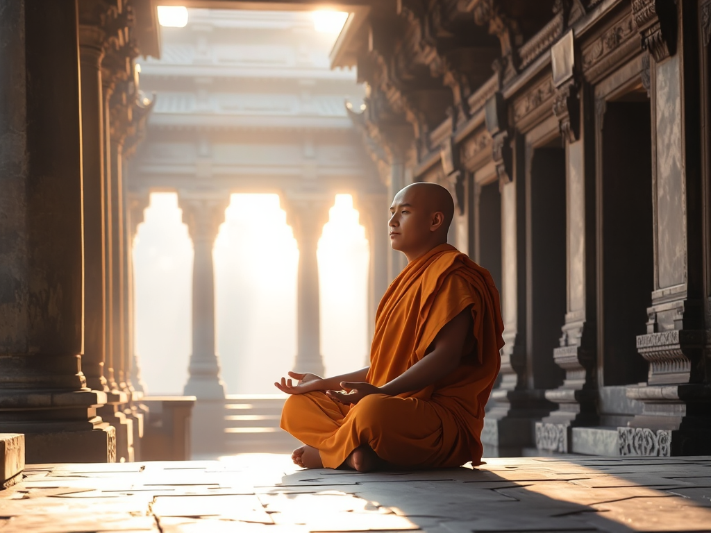 Hình ảnh một vị sư tăng mặc áo cà sa màu nghệ đang ngồi thiền trên bệ đá trong không gian chùa cổ kính với ánh sáng vàng dịu nhẹ chiếu qua các cột trụ