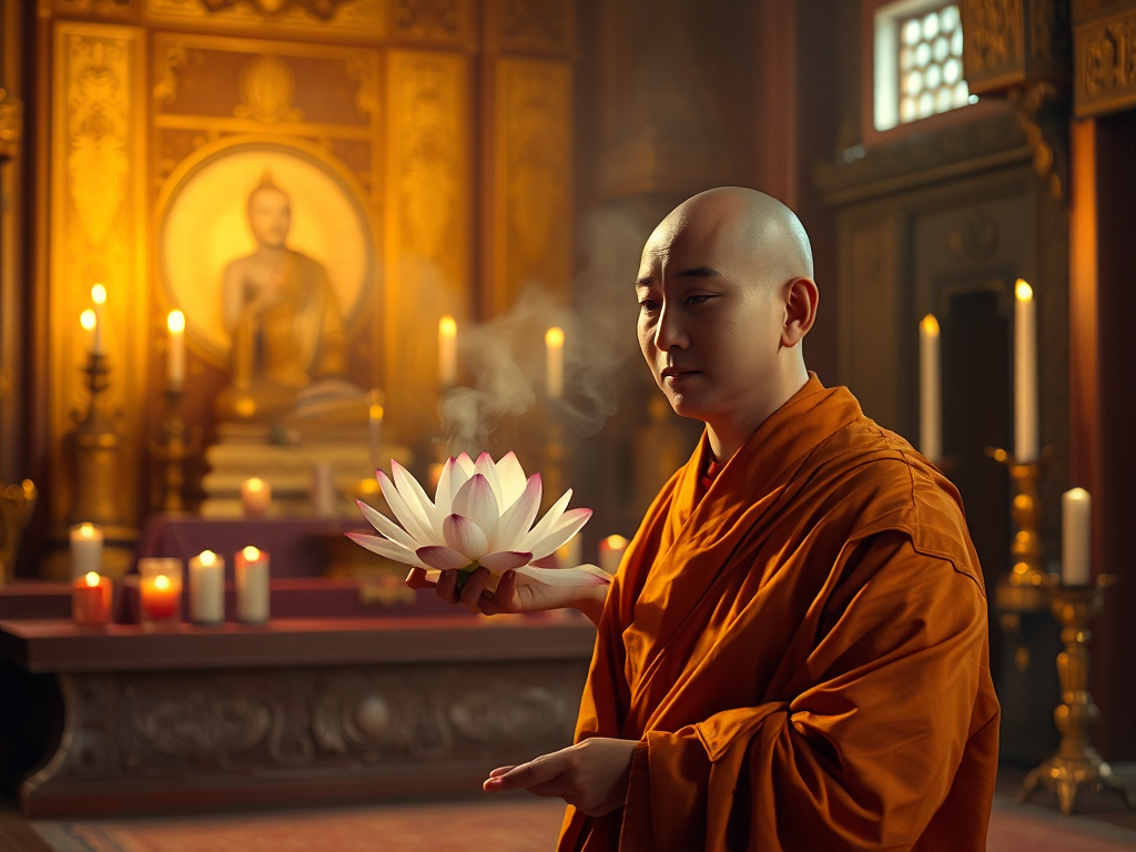 Hình ảnh một vị sư thầy đang cầm hoa sen trong không gian chùa thanh tịnh, ánh sáng vàng ấm áp tỏa ra từ nến và nhang, tạo cảm giác an lạc và thanh thản.