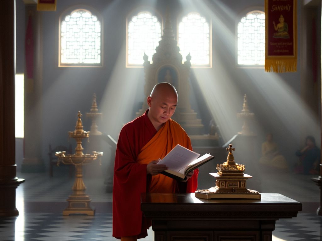 Hình ảnh một vị sư thầy đang đọc kinh sách tại bàn thờ chùa vào buổi sáng, ánh sáng dịu nhẹ chiếu qua cửa sổ, tạo không gian thanh tịnh cho việc tu tập hàng ngày