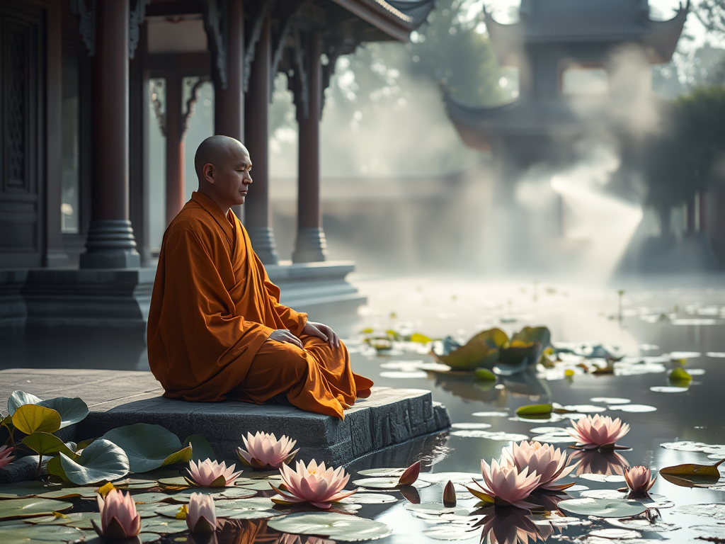 Hình ảnh một vị sư thầy đang ngồi thiền bên hồ sen tĩnh lặng, tạo nên không gian thanh tịnh cho việc tụng kinh Thủy Sám hiệu quả.