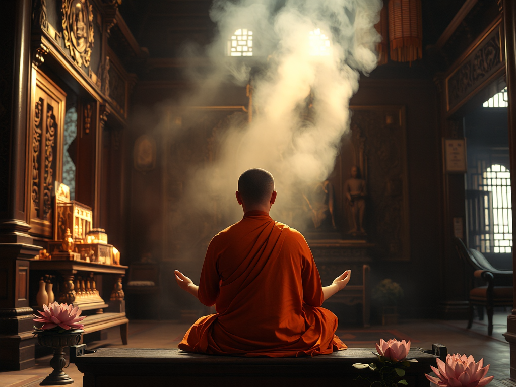 Hình ảnh một vị sư thầy đang ngồi thiền định trước bàn thờ chùa cổ kính, ánh sáng vàng dịu nhẹ xuyên qua khói hương, không gian thanh tịnh của ngôi chùa Việt Nam truyền thống Hình ảnh một vị sư thầy đang ngồi thiền định trước bàn thờ chùa cổ kính, ánh sáng vàng dịu nhẹ xuyên qua khói hương, không gian thanh tịnh của ngôi chùa Việt Nam truyền thống