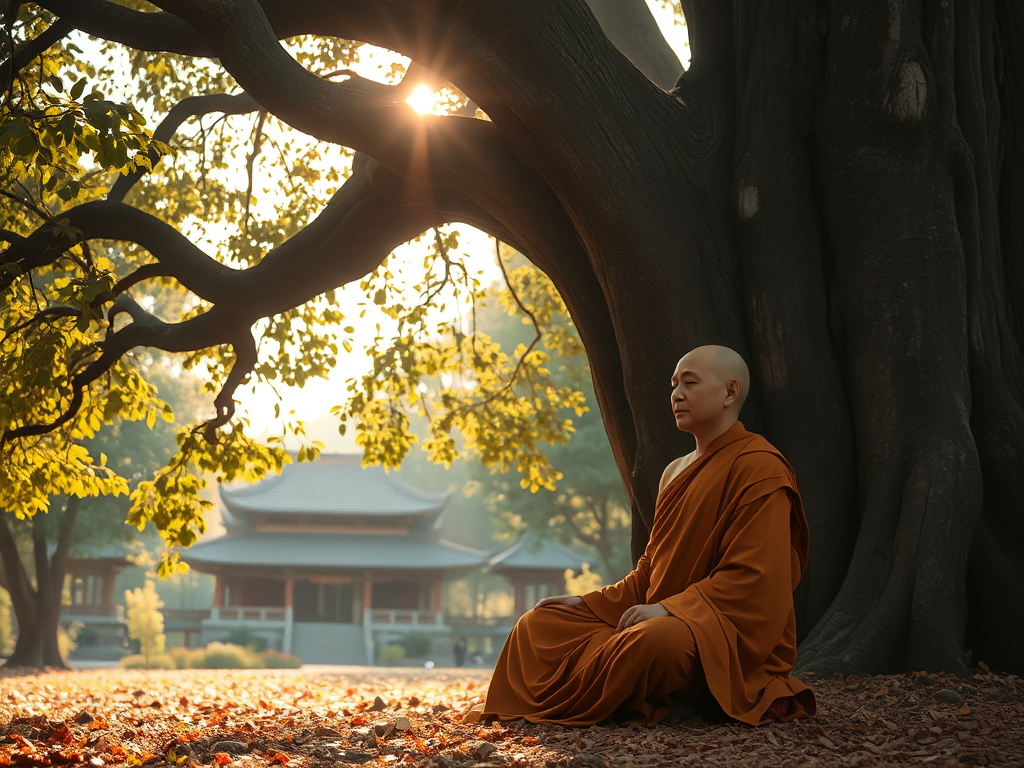 Hình ảnh một vị sư thầy đang ngồi thiền dưới gốc cây Bồ Đề cổ thụ, ánh nắng vàng rọi qua tán lá, khung cảnh rừng yên bình với kiến trúc chùa truyền thống Á Đông phía xa.