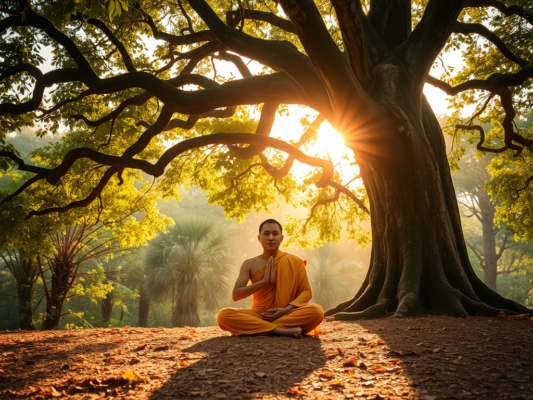 Hình ảnh một vị sư thầy đang ngồi thiền dưới gốc cây Bồ Đề cổ thụ với ánh sáng vàng dịu nhẹ xuyên qua tán lá trong khu rừng thanh bình