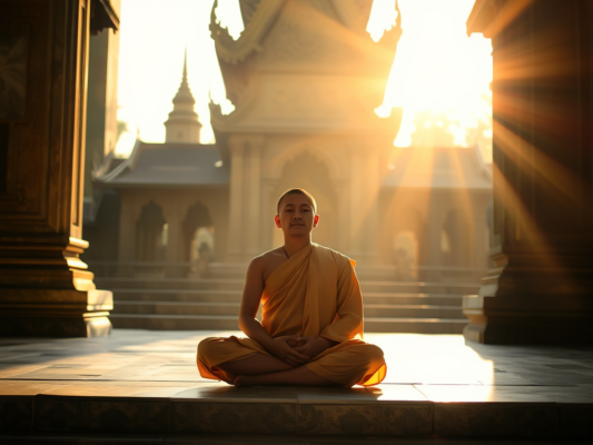 Hình ảnh một vị sư thầy đang ngồi thiền trên bậc thang chùa cổ, ánh sáng vàng dịu nhẹ chiếu qua cửa sổ, tạo nên không gian thanh tịnh và trang nghiêm trong Kinh Phật Tự Thuyết