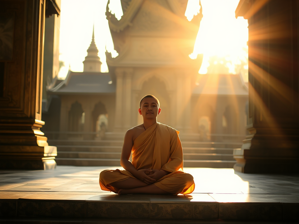 Hình ảnh một vị sư thầy đang ngồi thiền trên bậc thang chùa cổ, ánh sáng vàng dịu nhẹ chiếu qua cửa sổ, tạo nên không gian thanh tịnh và trang nghiêm trong Kinh Phật Tự Thuyết