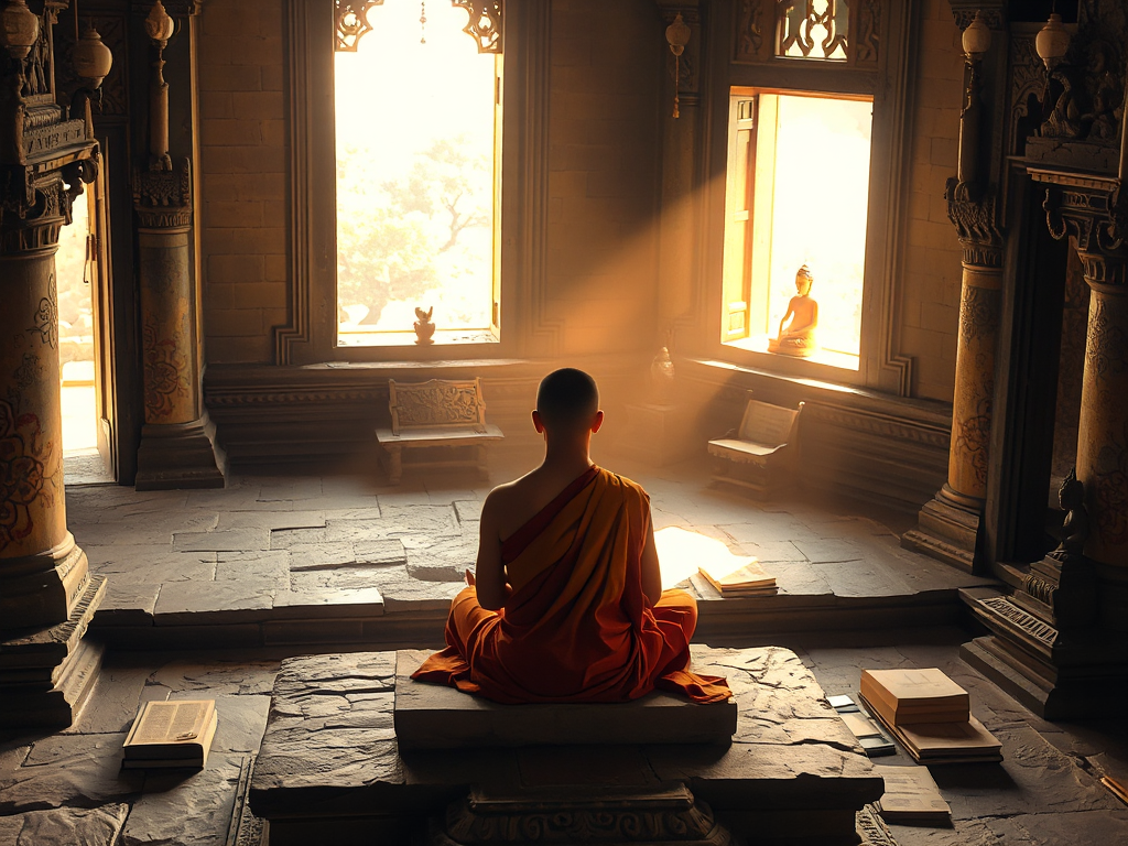 Hình ảnh một vị sư thầy đang ngồi thiền trên nền đá trong chùa cổ, xung quanh có kinh sách Phật giáo, ánh sáng vàng dịu nhẹ tạo không gian thanh tịnh. Hình ảnh một vị sư thầy đang ngồi thiền trên nền đá trong chùa cổ, xung quanh có kinh sách Phật giáo, ánh sáng vàng dịu nhẹ tạo không gian thanh tịnh.