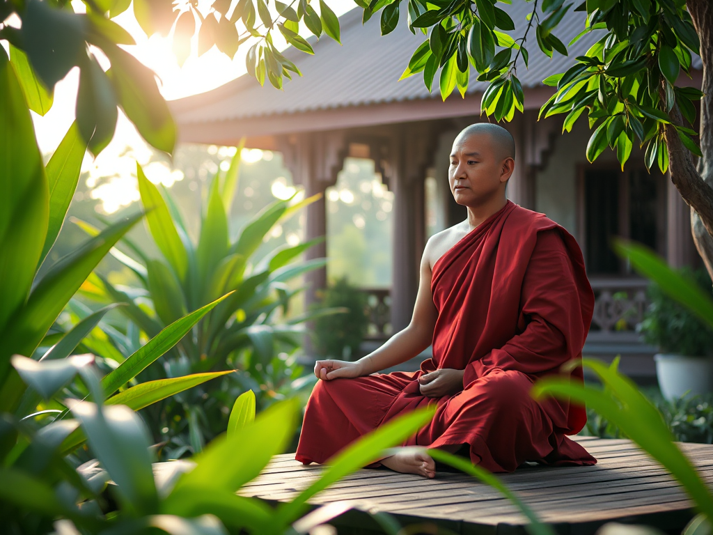 Hình ảnh một vị sư thầy đang ngồi thiền trên sân chùa tại Bình Dương, xung quanh là cây cối xanh tươi và kiến trúc chùa Việt Nam truyền thống, tạo nên không gian thanh tịnh cho việc thực hành Kinh ... Hình ảnh một vị sư thầy đang ngồi thiền trên sân chùa tại Bình Dương, xung quanh là cây cối xanh tươi và kiến trúc chùa Việt Nam truyền thống, tạo nên không gian thanh tịnh cho việc thực hành Kinh ...