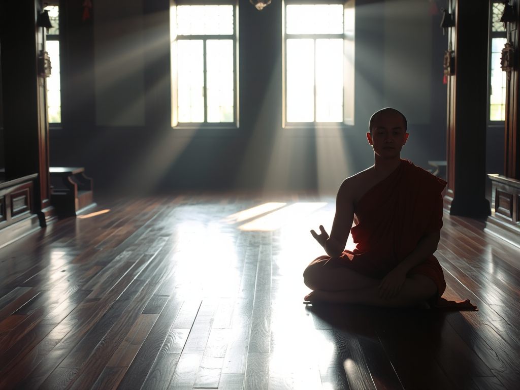 Hình ảnh một vị sư thầy đang ngồi thiền trên sàn gỗ trong chùa Việt Nam, ánh sáng buổi sáng nhẹ nhàng chiếu qua cửa sổ, tạo không gian thanh tịnh và trang nghiêm