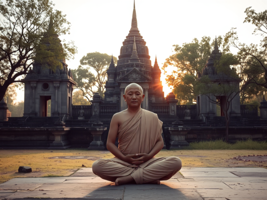 Hình ảnh một vị sư thầy đang ngồi thiền trong khung cảnh đền chùa cổ kính, ánh sáng bình minh dịu nhẹ tạo không gian thanh tịnh, tôn vinh vẻ đẹp của Kinh Tiểu Bộ