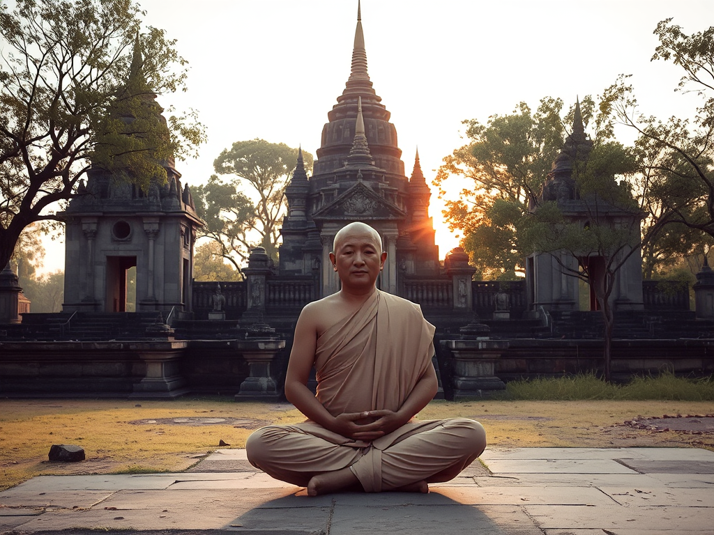 Hình ảnh một vị sư thầy đang ngồi thiền trong khung cảnh đền chùa cổ kính, ánh sáng bình minh dịu nhẹ tạo không gian thanh tịnh, tôn vinh vẻ đẹp của Kinh Tiểu Bộ