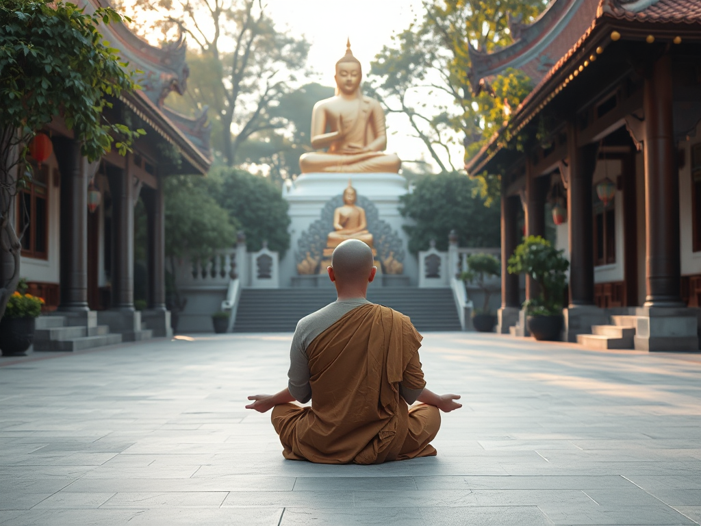 Hình ảnh một vị sư thầy đang ngồi thiền trong tư thế hoa sen tại khuôn viên chùa Bình Dương, phía sau là tượng Phật vàng và kiến trúc chùa Việt Nam truyền thống