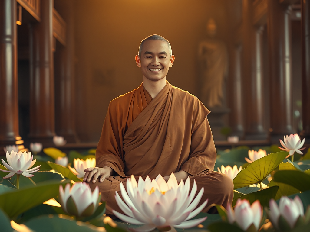 Hình ảnh một vị sư thầy đang ngồi thiền trong tư thế hoa sen, bao quanh bởi những bông sen thanh khiết, ánh sáng vàng dịu nhẹ tạo nên không gian thanh tịnh tại chùa cổ truyền thống.