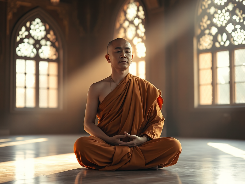 Hình ảnh một vị sư thầy đang ngồi thiền trong tư thế hoa sen tại chùa, ánh sáng vàng dịu nhẹ chiếu qua cửa sổ, thể hiện tinh thần tu tập theo kinh điển Đại thừa quan trọng