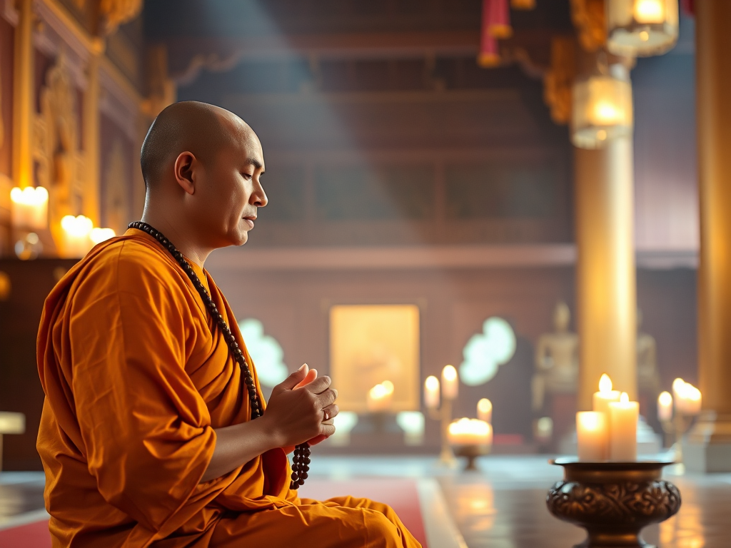 Hình ảnh một vị sư thầy đang ngồi thiền với tràng hạt trong chùa, ánh nến lung linh tạo không gian thanh tịnh, tôn lên vẻ đẹp của cách tụng kinh Phật đúng cách trong không gian linh thiêng.