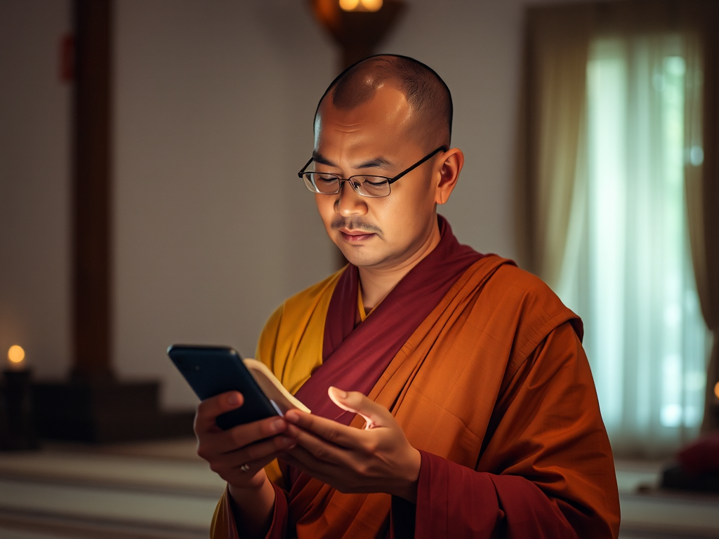 Hình ảnh một vị sư thầy đang sử dụng điện thoại thông minh để đọc kinh Phật trong không gian thiền định yên tĩnh, tạo cảm giác thanh tịnh và tập trung tâm linh.