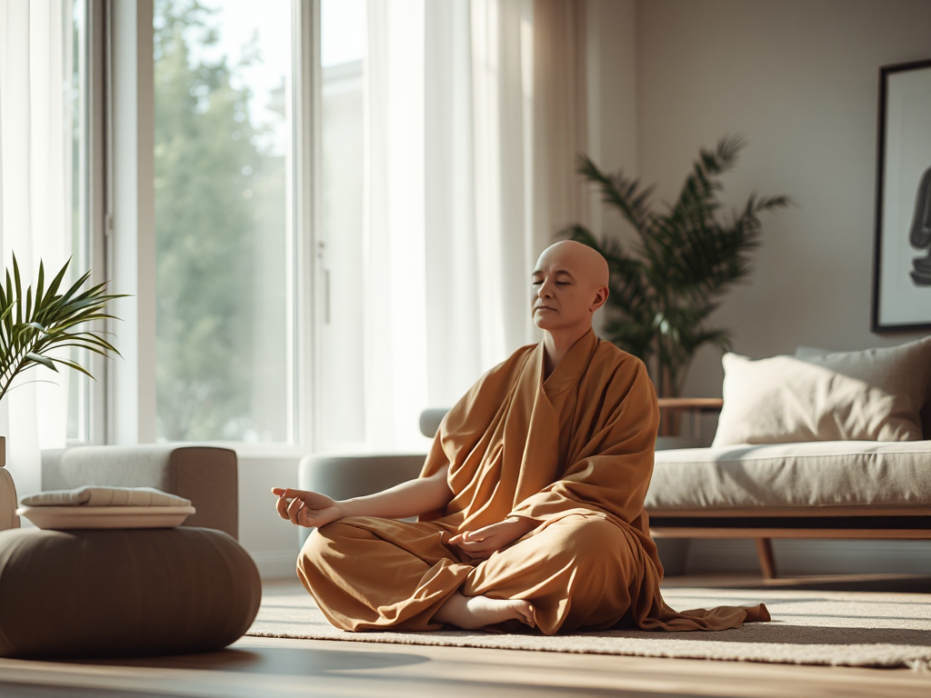 Hình ảnh một vị sư thầy đang thiền định trong phòng khách hiện đại với ánh sáng tự nhiên nhẹ nhàng, thể hiện sự ứng dụng Phật pháp trong đời sống đương đại