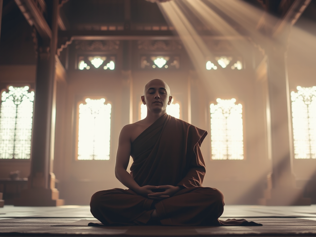Hình ảnh một vị sư thầy đang thiền định trong tư thế hoa sen tại chùa, ánh sáng mặt trời nhẹ nhàng chiếu qua cửa sổ, tạo không gian thanh tịnh và thiêng liêng. Hình ảnh một vị sư thầy đang thiền định trong tư thế hoa sen tại chùa, ánh sáng mặt trời nhẹ nhàng chiếu qua cửa sổ, tạo không gian thanh tịnh và thiêng liêng.