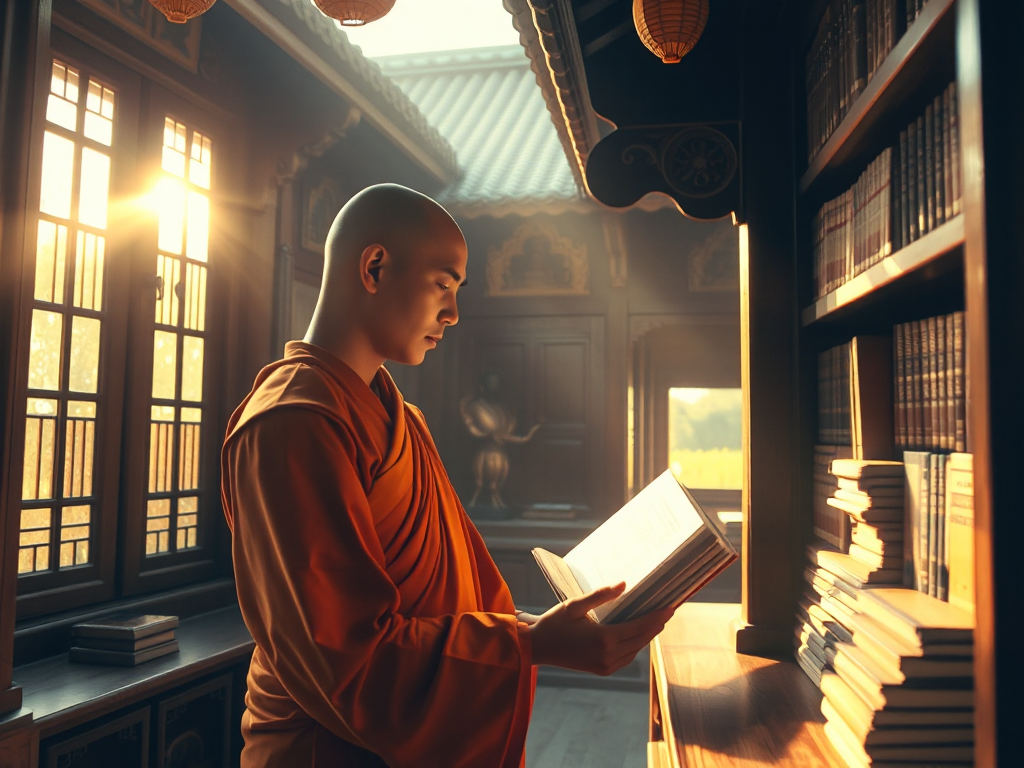 Hình ảnh một vị sư thầy mặc áo cà sa đang lựa chọn kinh sách Phật giáo trên giá sách trong không gian chùa chiền truyền thống Việt Nam, ánh sáng vàng dịu nhẹ tạo nên không khí trang nghiêm và thanh... Hình ảnh một vị sư thầy mặc áo cà sa đang lựa chọn kinh sách Phật giáo trên giá sách trong không gian chùa chiền truyền thống Việt Nam, ánh sáng vàng dịu nhẹ tạo nên không khí trang nghiêm và thanh...