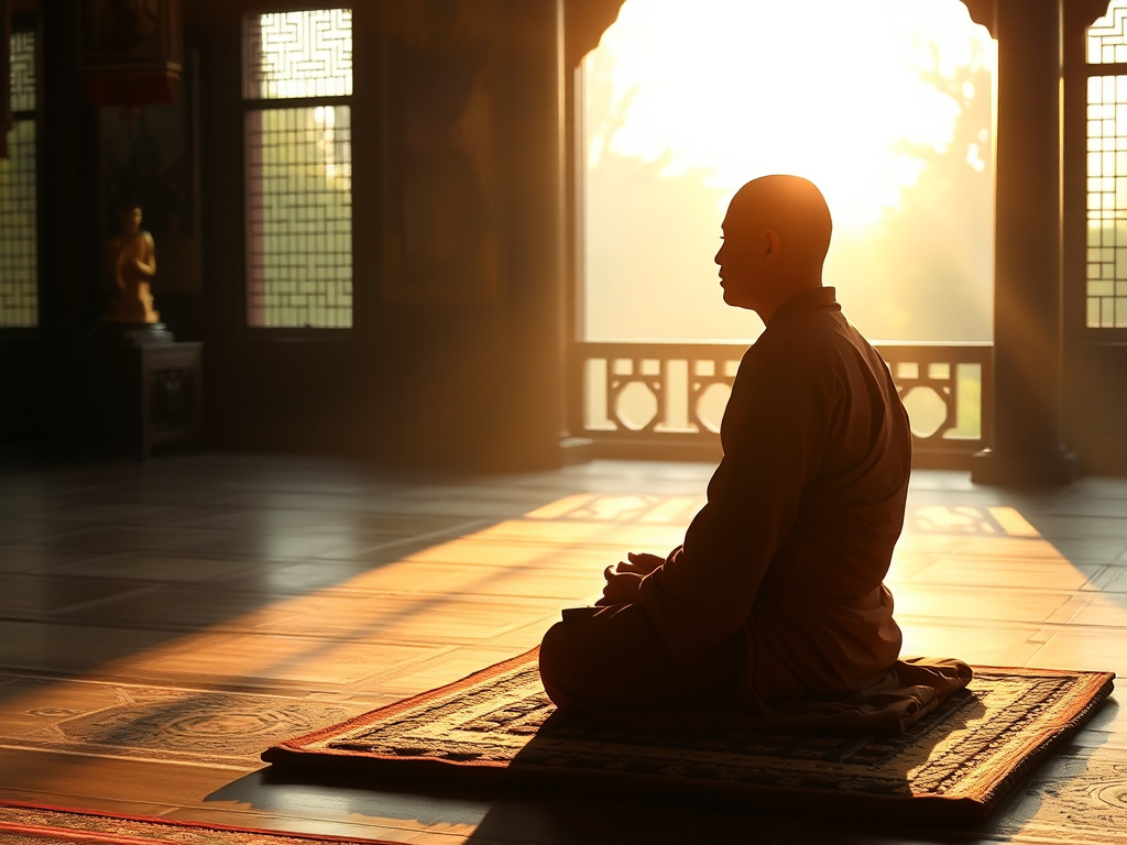 Hình ảnh một vị sư thầy ngồi thiền trên chiếu trong chùa, ánh sáng vàng dịu nhẹ chiếu qua cửa sổ, tạo không gian yên bình cho việc tụng kinh Nhật Tụng hàng ngày
