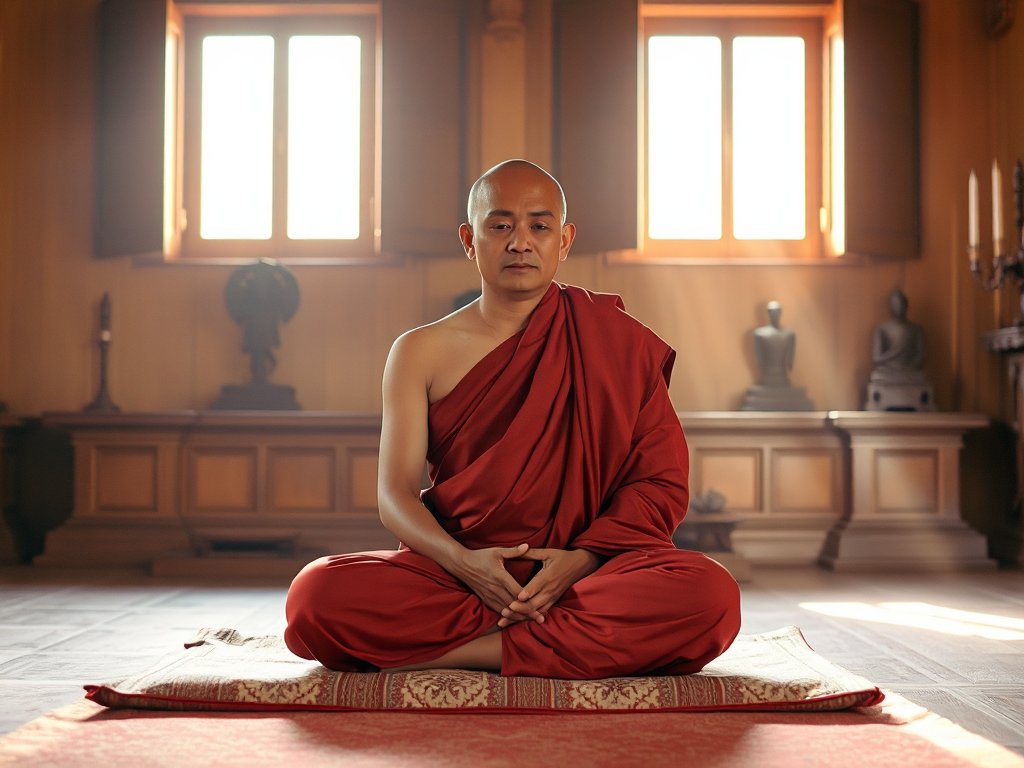 Hình ảnh một vị sư thầy ngồi thiền trên đệm trong chùa, ánh sáng buổi sáng nhẹ nhàng chiếu qua cửa sổ gỗ, không gian thanh tịnh lý tưởng cho việc tụng kinh