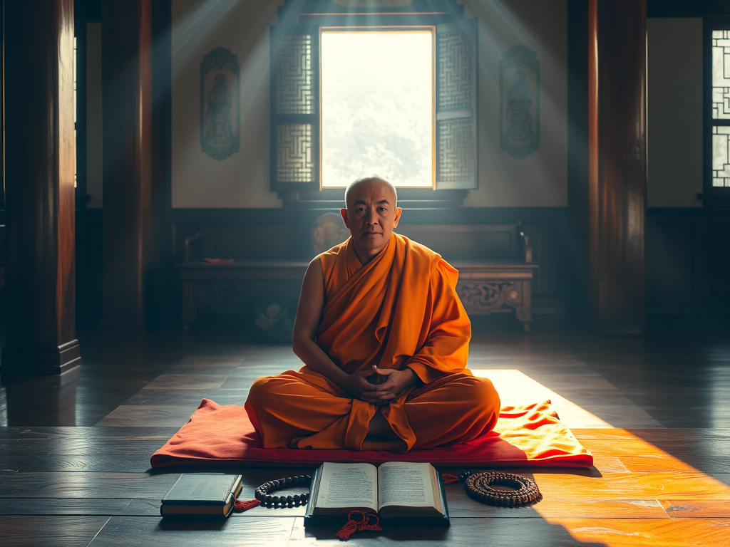 Hình ảnh một vị sư thầy ngồi thiền trên đệm, xung quanh là kinh sách Phật giáo và tràng hạt, ánh sáng tự nhiên tạo không gian thanh tịnh cho việc tu tập kinh Nhật Tụng hàng ngày