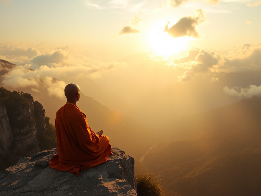 Hình ảnh một vị sư thầy ngồi thiền trên vách núi, ánh sáng vàng rực rỡ xuyên qua mây, cảnh sương mù bên dưới, trang phục truyền thống bay trong gió, thể hiện sự giác ngộ tâm linh trong sách kinh Ph...