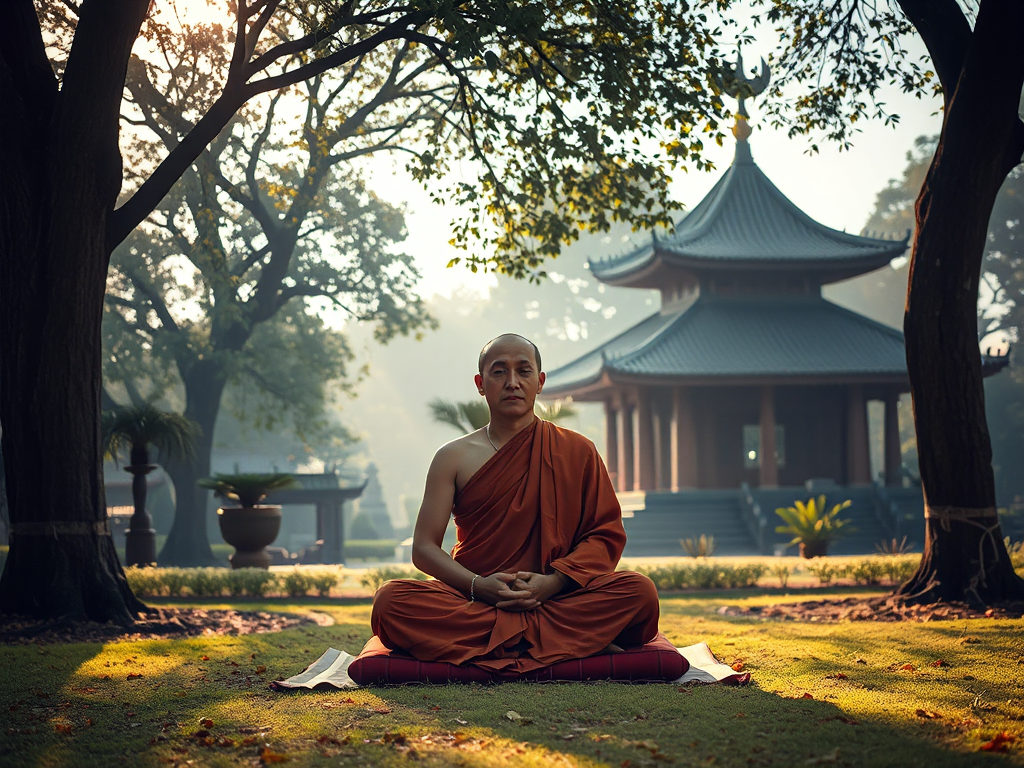 Hình ảnh một vị sư thầy ngồi thiền trong khuôn viên chùa yên tĩnh, ánh sáng dịu nhẹ buổi sáng chiếu qua tán cây, tạo không gian thanh tịnh cho việc nghe kinh Phật khi ngủ Hình ảnh một vị sư thầy ngồi thiền trong khuôn viên chùa yên tĩnh, ánh sáng dịu nhẹ buổi sáng chiếu qua tán cây, tạo không gian thanh tịnh cho việc nghe kinh Phật khi ngủ